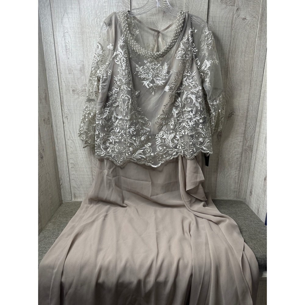 Le Bos Womens Sz 18 Embroidered Sequin Pearl Neckline Chiffon Gown Taupe 20177W